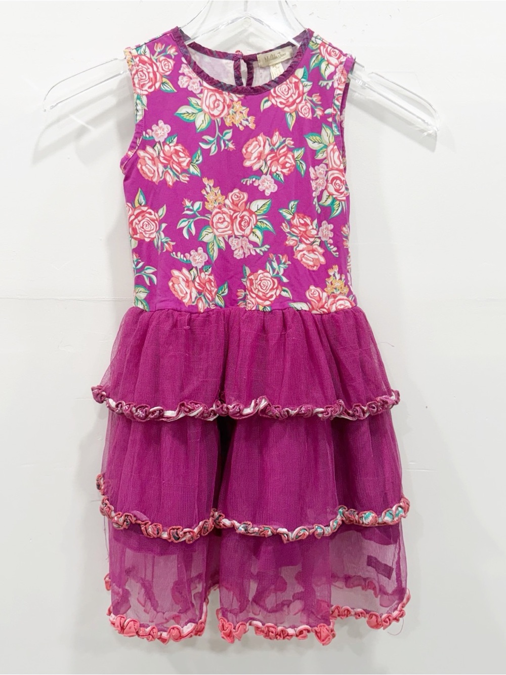 Matilda Jane Ruffle Tulle Dress Size 6 Floral Raspberry Pink Tutu Cotton Blend